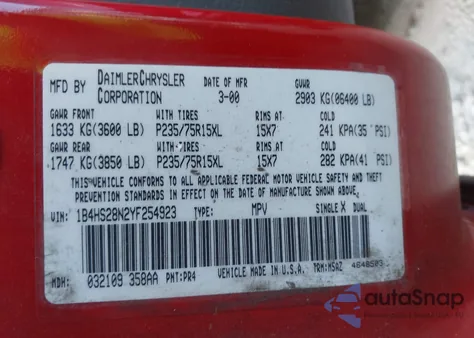 2000 Dodge Durango z USA, uszkodzony, nr VIN 1B4HS28N2YF254923